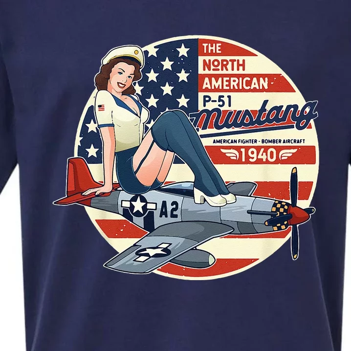 P51 Mustang Airplane For Men WWII Pinup Sueded Cloud Jersey T-Shirt