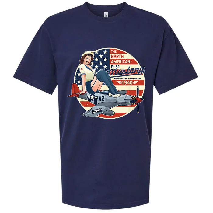 P51 Mustang Airplane For Men WWII Pinup Sueded Cloud Jersey T-Shirt