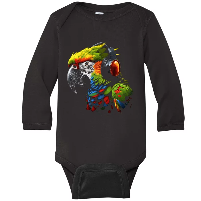 Parrot Music Art Headphones Musician Animal Bird Parrot Baby Long Sleeve Bodysuit