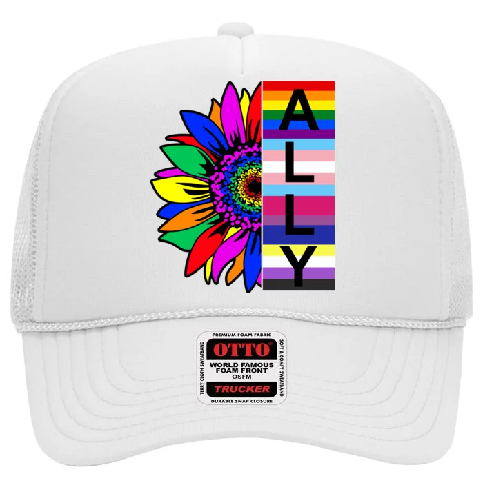 Pride Month Ally Rainbow Sunflower High Crown Mesh Trucker Hat