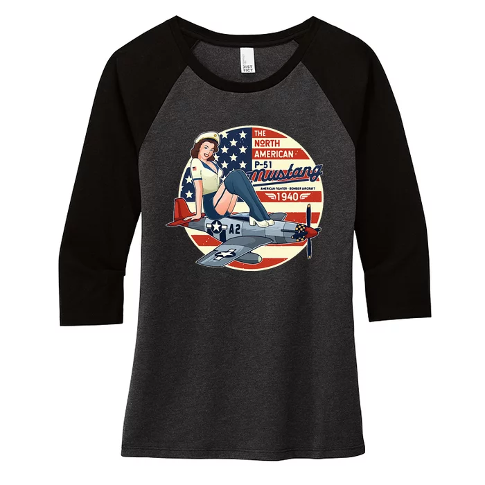 P51 Mustang Airplane Wwii Pinup Women's Tri-Blend 3/4-Sleeve Raglan Shirt