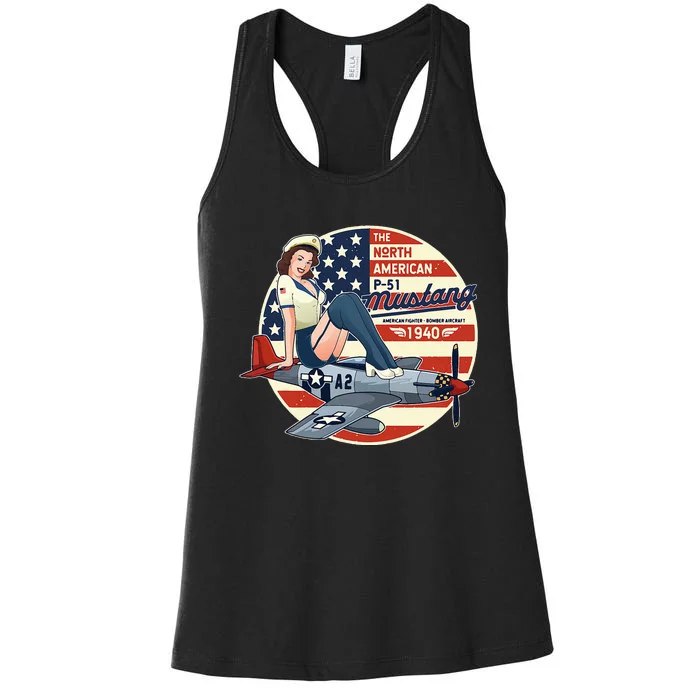 P51 Mustang Airplane Wwii Pinup Women's Racerback Tank