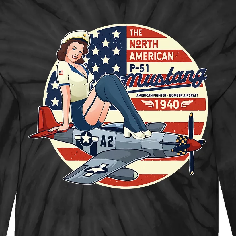 P51 Mustang Airplane Wwii Pinup Tie-Dye Long Sleeve Shirt