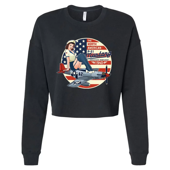 P51 Mustang Airplane Wwii Pinup Cropped Pullover Crew