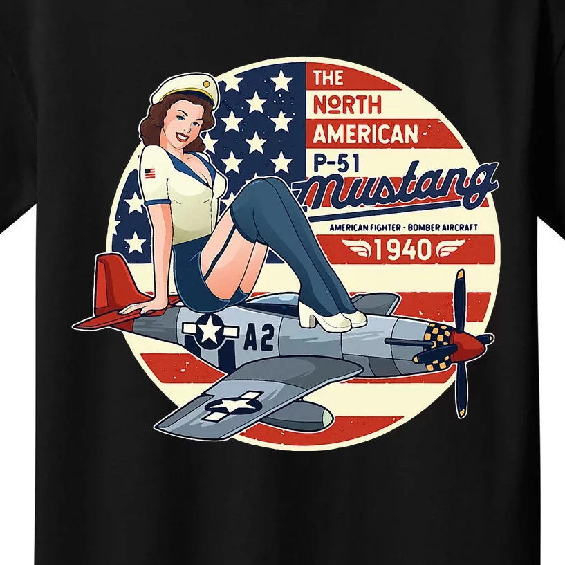 P51 Mustang Airplane Wwii Pinup Kids T-Shirt