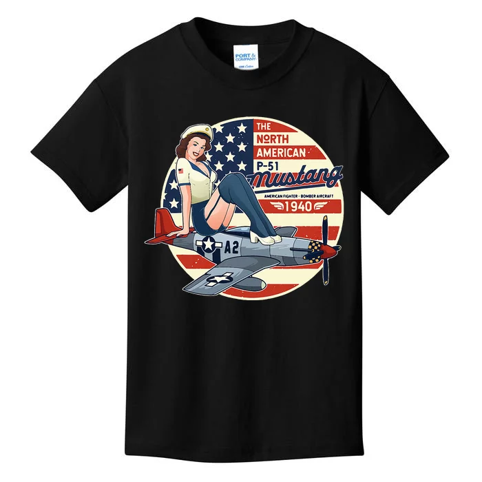 P51 Mustang Airplane Wwii Pinup Kids T-Shirt