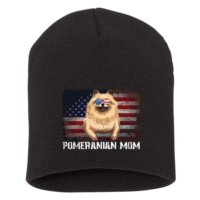 Pomeranian Mom American Pomeranian Dog US Flag 4th Of July Short Acrylic Beanie