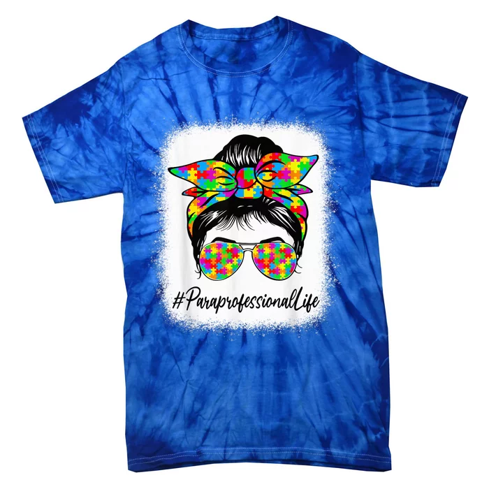 Paraprofessional Messy Bun Supporting Autism Awareness Month Tie-Dye T-Shirt