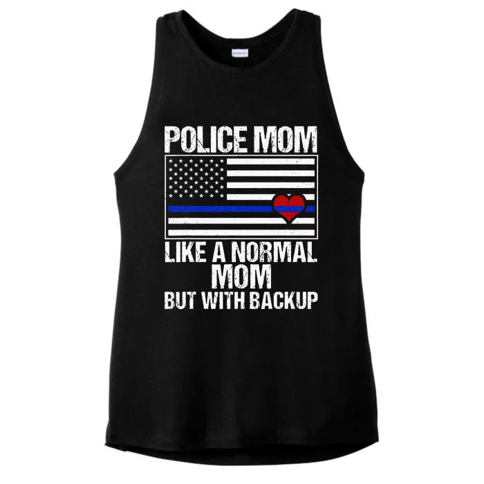 Police Mom Blue Line Flag Heart Ladies Tri-Blend Wicking Tank