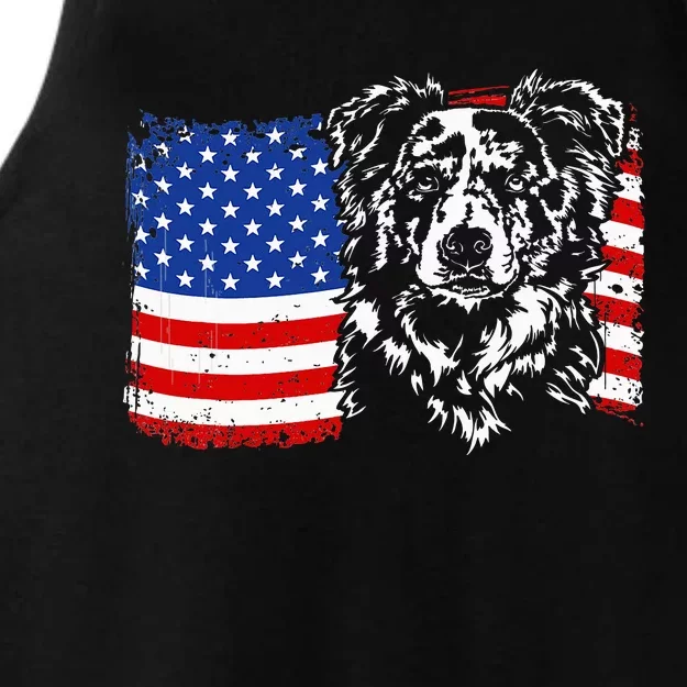 Proud Merle Border Collie American Flag Patriotic Dog Ladies Tri-Blend Wicking Tank