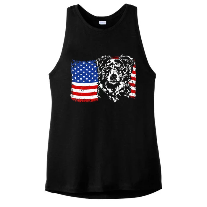 Proud Merle Border Collie American Flag Patriotic Dog Ladies Tri-Blend Wicking Tank