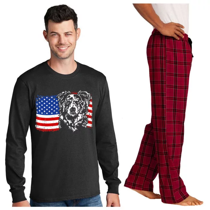 Proud Merle Border Collie American Flag Patriotic Dog Long Sleeve Pajama Set