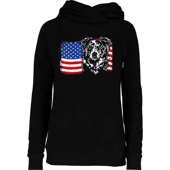 Proud Merle Border Collie American Flag Patriotic Dog Womens Funnel Neck Pullover Hood