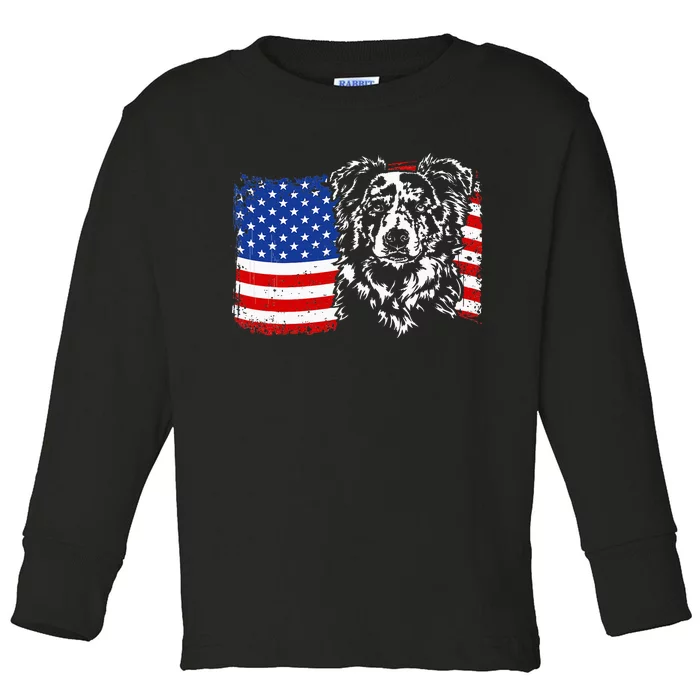 Proud Merle Border Collie American Flag Patriotic Dog Toddler Long Sleeve Shirt