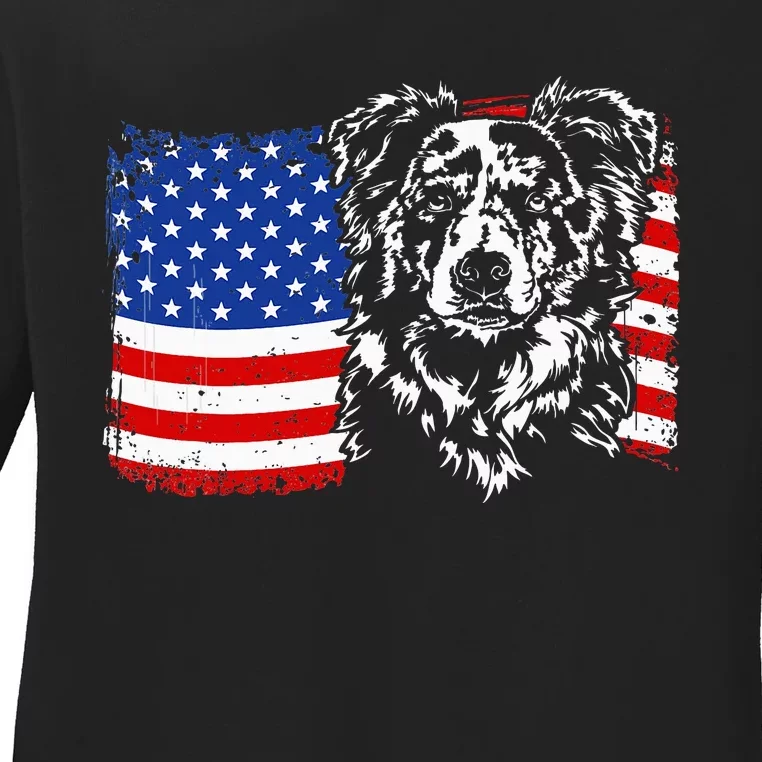 Proud Merle Border Collie American Flag Patriotic Dog Ladies Long Sleeve Shirt