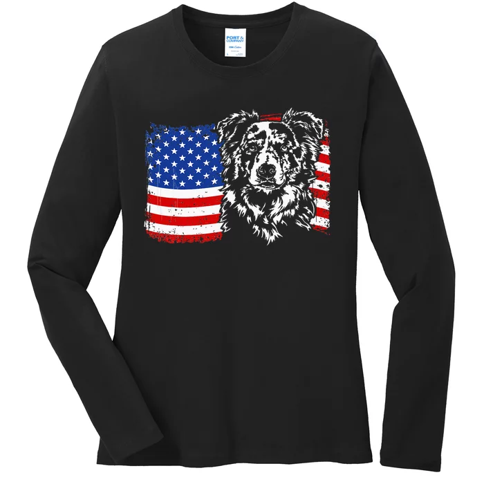 Proud Merle Border Collie American Flag Patriotic Dog Ladies Long Sleeve Shirt