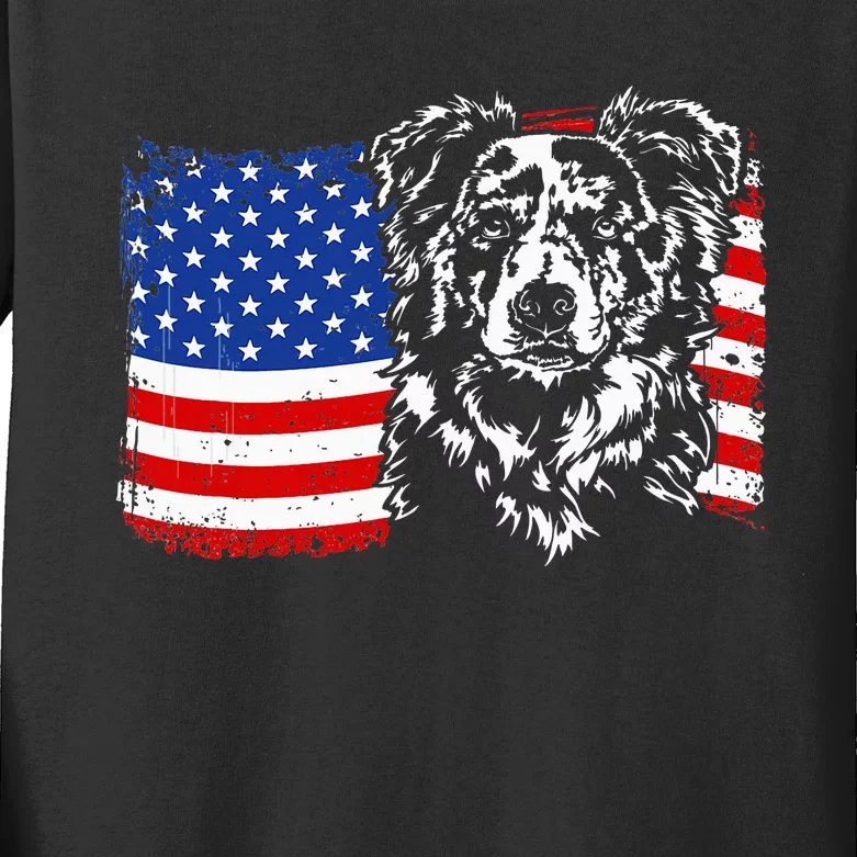 Proud Merle Border Collie American Flag Patriotic Dog Kids Long Sleeve Shirt