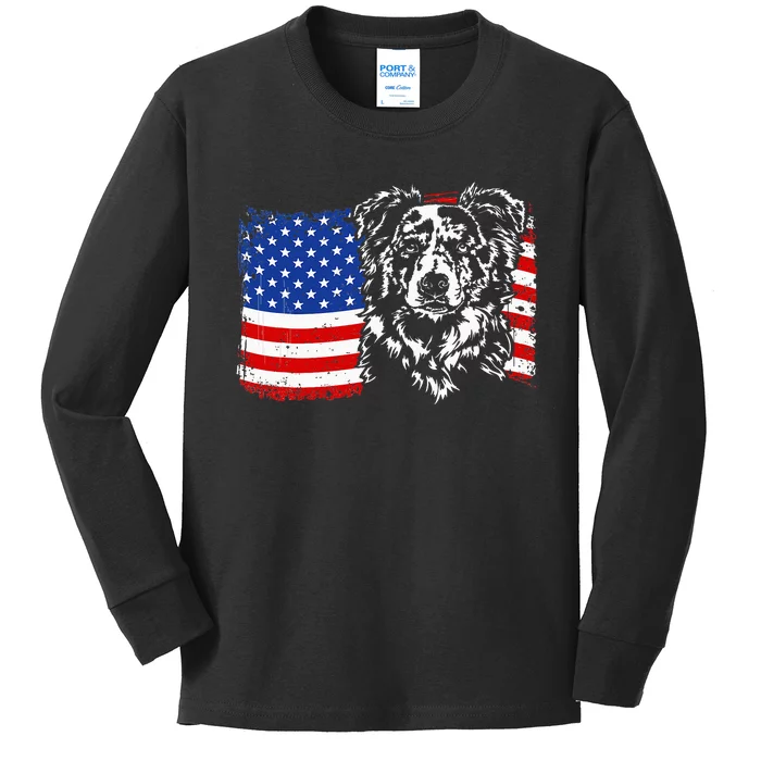 Proud Merle Border Collie American Flag Patriotic Dog Kids Long Sleeve Shirt