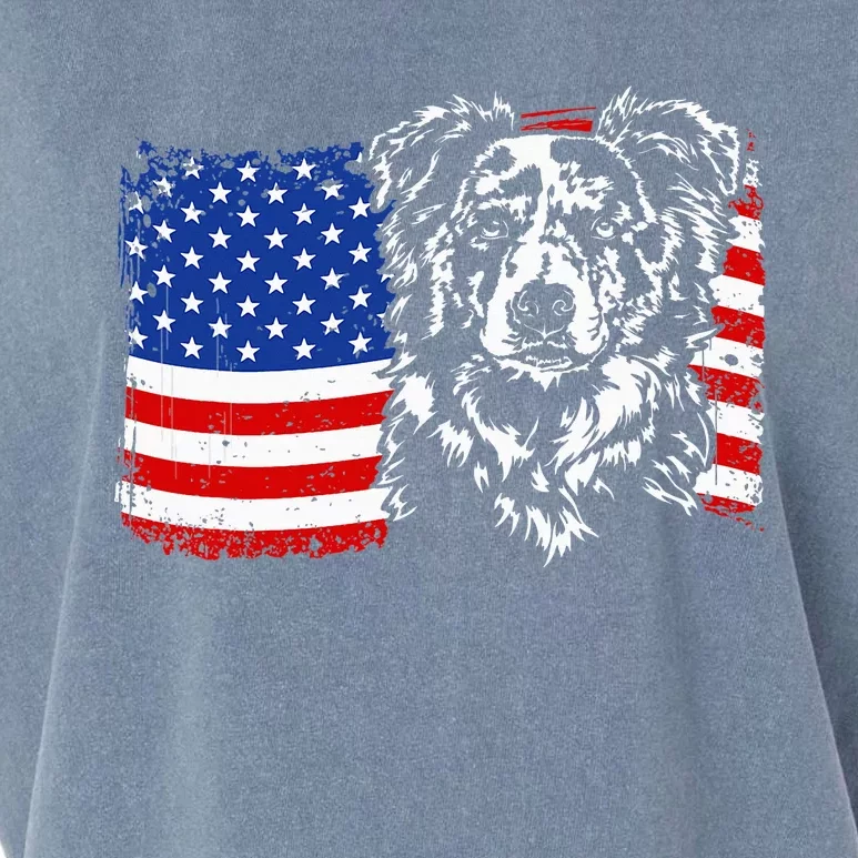 Proud Merle Border Collie American Flag Patriotic Dog Garment-Dyed Women's Muscle Tee