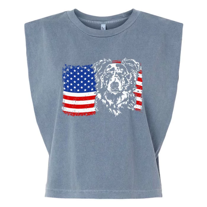 Proud Merle Border Collie American Flag Patriotic Dog Garment-Dyed Women's Muscle Tee