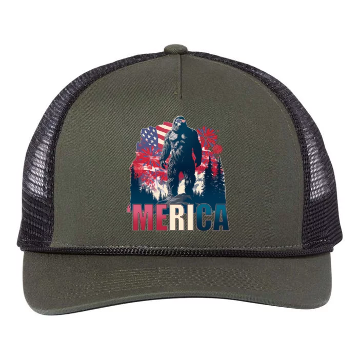 Patriotic Merica Bigfoot Sasquatch Retro Rope Trucker Hat Cap