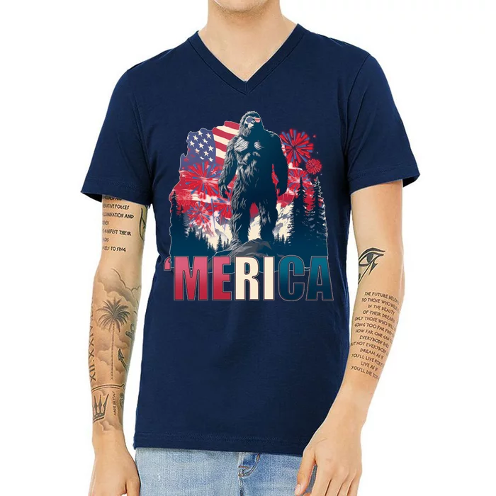 Patriotic Merica Bigfoot Sasquatch V-Neck T-Shirt