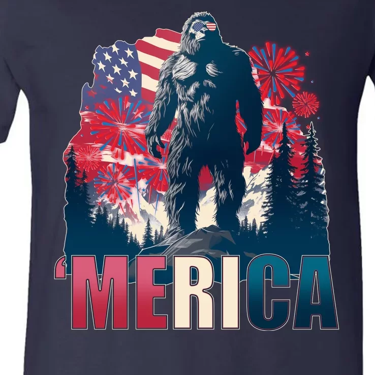 Patriotic Merica Bigfoot Sasquatch V-Neck T-Shirt