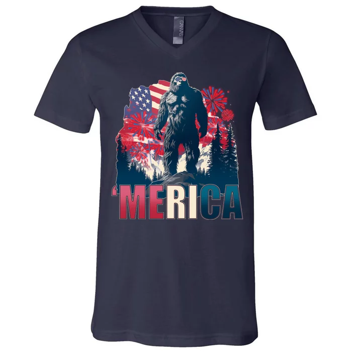 Patriotic Merica Bigfoot Sasquatch V-Neck T-Shirt