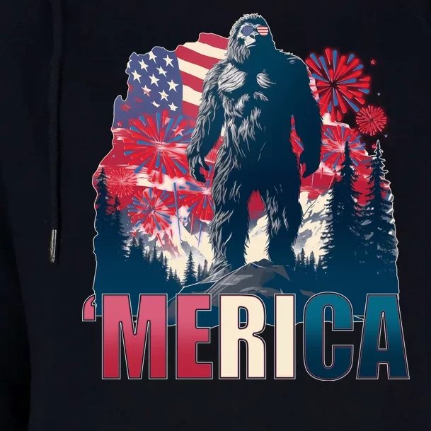 Patriotic Merica Bigfoot Sasquatch Womens Funnel Neck Pullover Hood