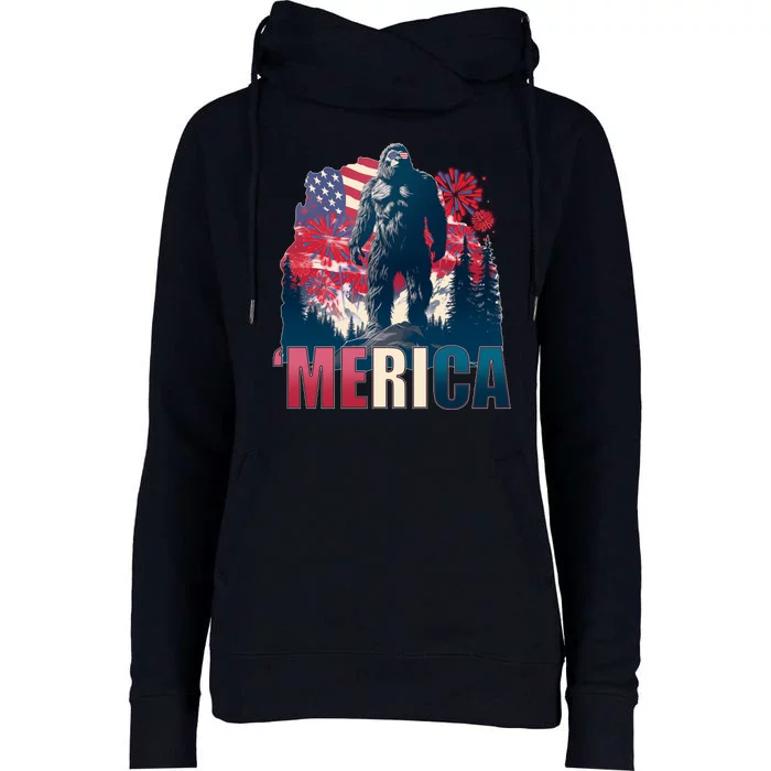 Patriotic Merica Bigfoot Sasquatch Womens Funnel Neck Pullover Hood