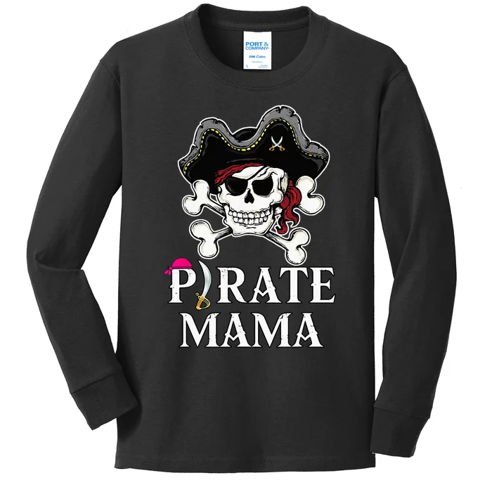 Pirate Mama Costume Jolly Roger Crossbones Funny Pirate Mom Kids Long Sleeve Shirt