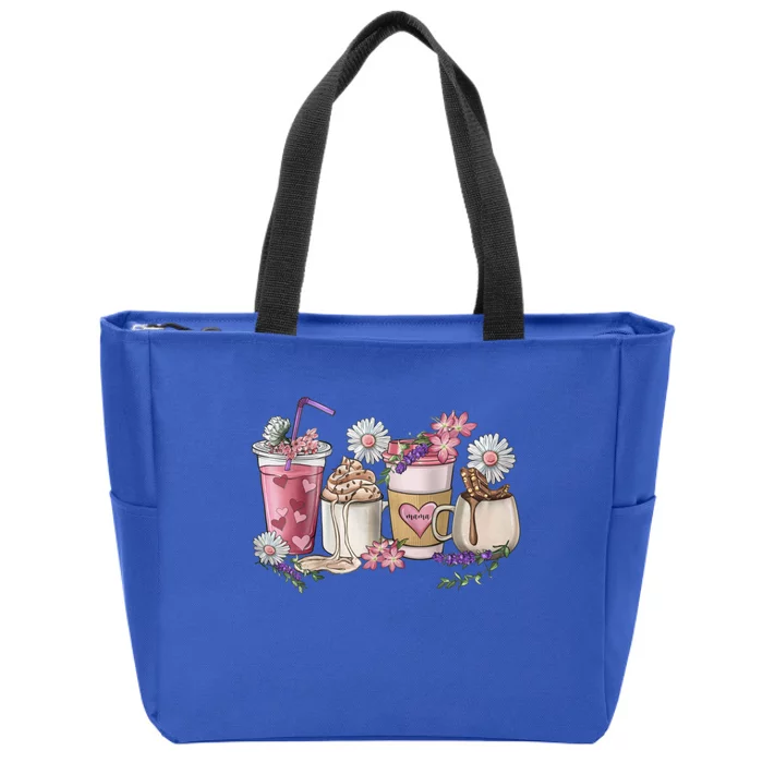 Pink Mama Coffee Cups Flower Happy Valentines Day Funny Gift Zip Tote Bag