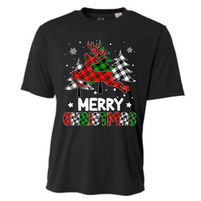 Plaid Merry Christmas Reindeer Tree Family Matching Pajamas Cooling Performance Crew T-Shirt