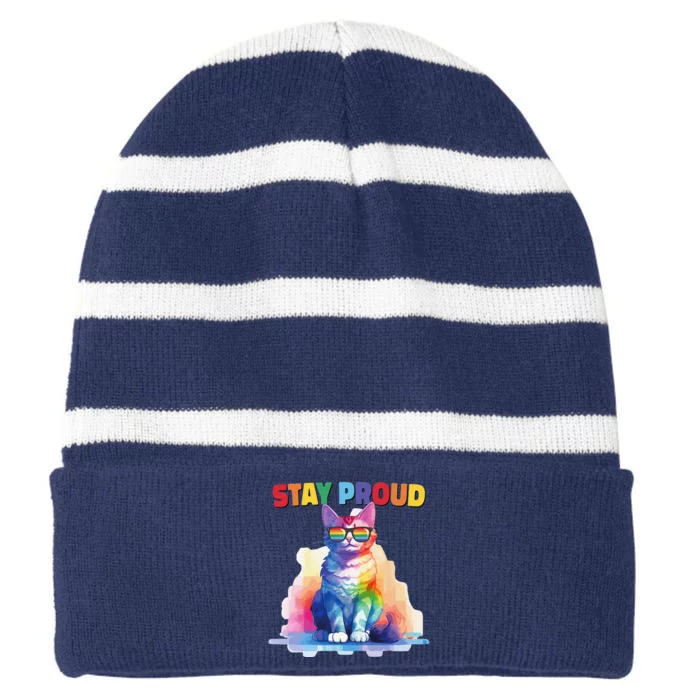 Pride Month Cat Stay Proud Gay Flag Sunglasses Pride Day Striped Beanie with Solid Band