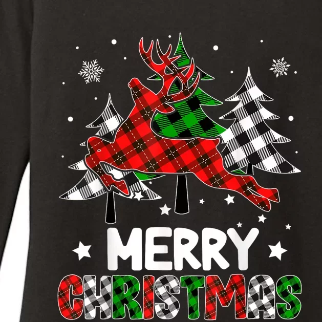 Plaid Merry Christmas Reindeer Tree Family Matching Pajamas Womens CVC Long Sleeve Shirt