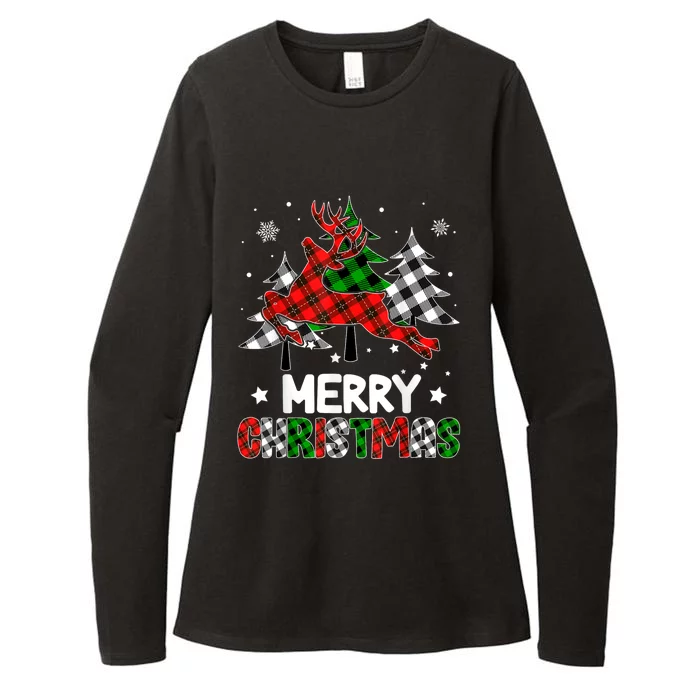 Plaid Merry Christmas Reindeer Tree Family Matching Pajamas Womens CVC Long Sleeve Shirt