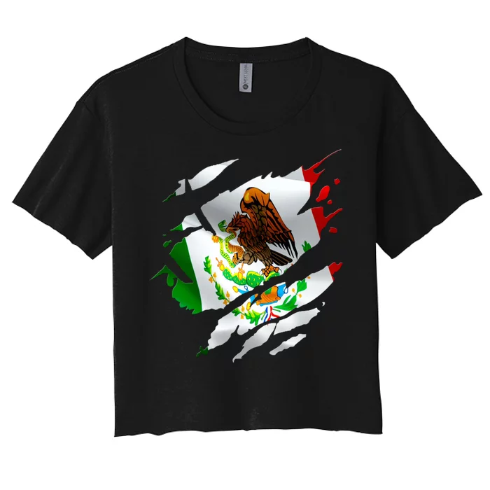 Proud Mexican Chicano Latino Torn Ripped Mexico Flag Women's Crop Top Tee