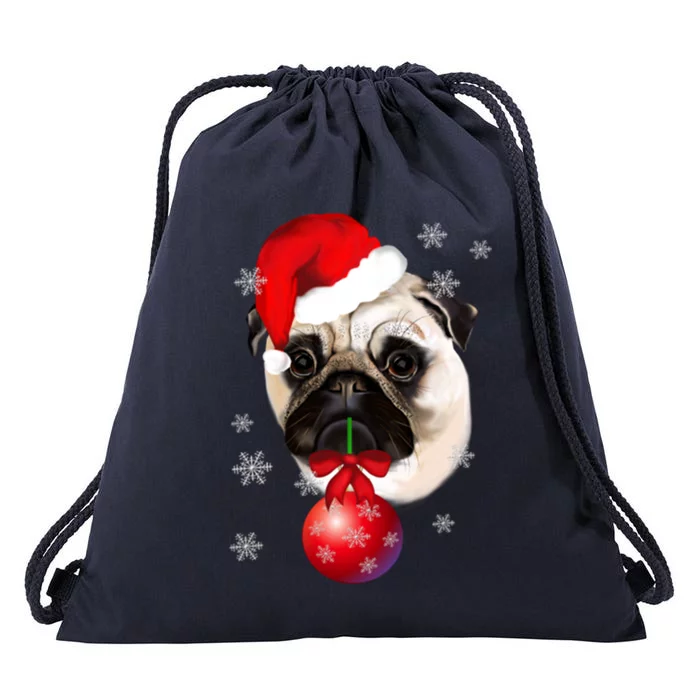 Pug Merry Christmas Funny Pug Face Santa Snow Xmas Great Gift Drawstring Bag