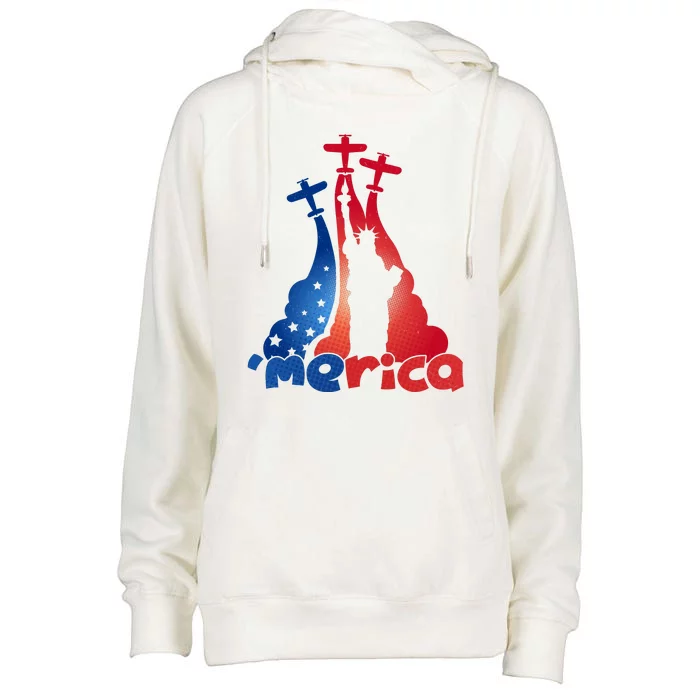 Patriotic Merica Classic Airplane Airshow Statue Of Liberty Womens Funnel Neck Pullover Hood