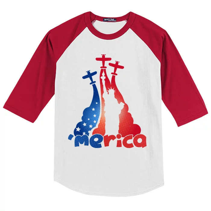 Patriotic Merica Classic Airplane Airshow Statue Of Liberty Kids Colorblock Raglan Jersey