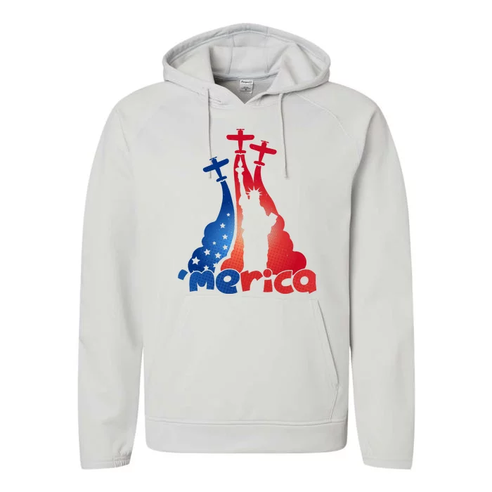 Patriotic Merica Classic Airplane Airshow Statue Of Liberty Performance Fleece Hoodie