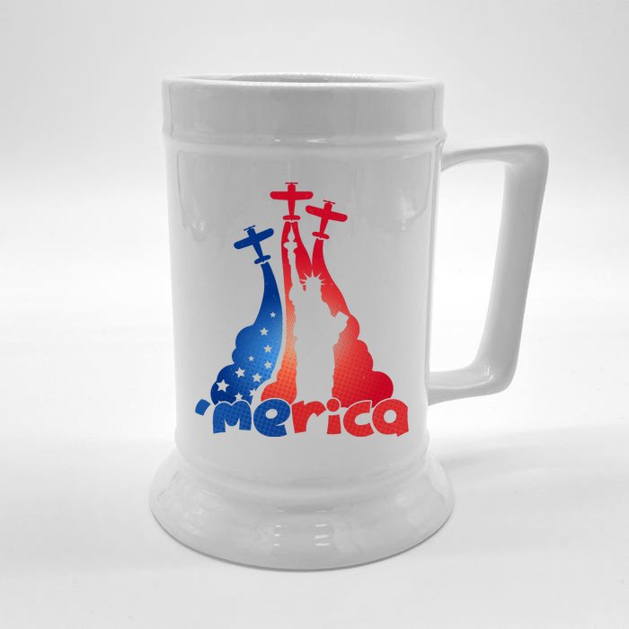 Patriotic Merica Classic Airplane Airshow Statue Of Liberty Front & Back Beer Stein