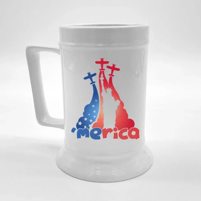 Patriotic Merica Classic Airplane Airshow Statue Of Liberty Front & Back Beer Stein