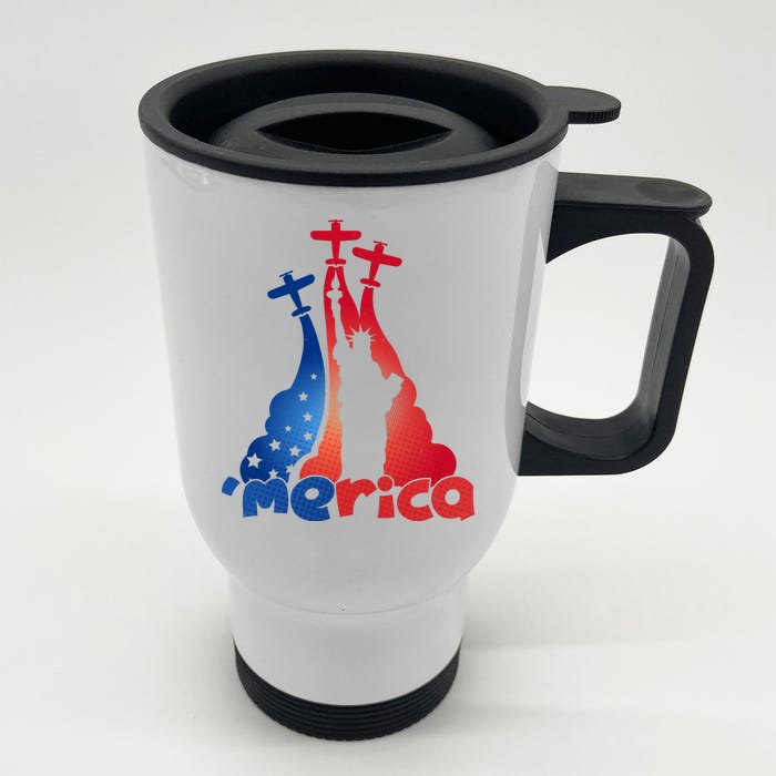 Patriotic Merica Classic Airplane Airshow Statue Of Liberty Front & Back Stainless Steel Travel Mug