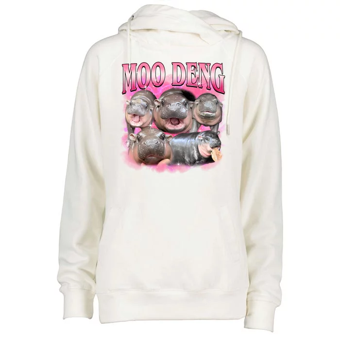 Pink Moo Deng Meme Hippo Funny Womens Funnel Neck Pullover Hood