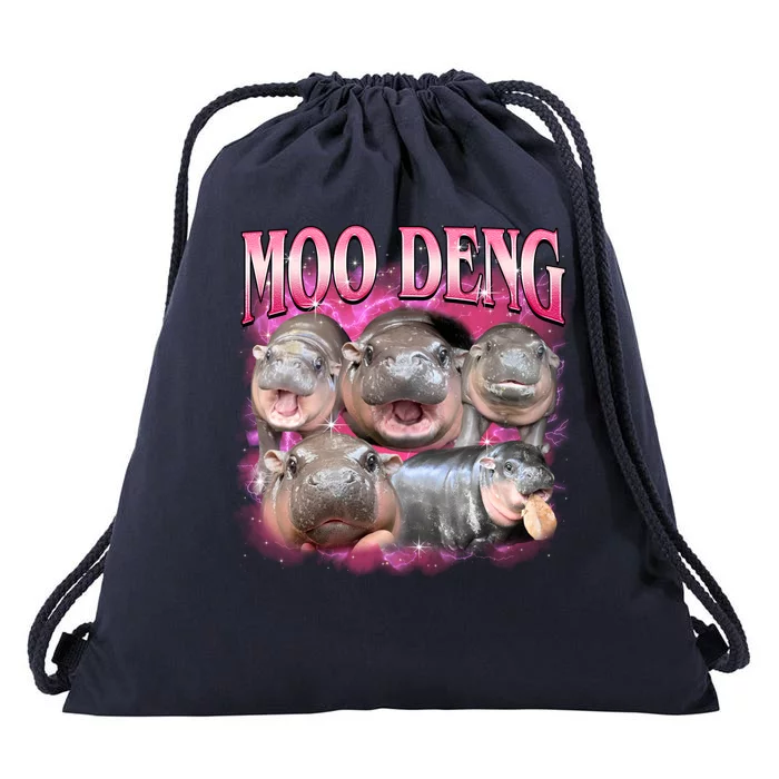 Pink Moo Deng Meme Hippo Funny Drawstring Bag