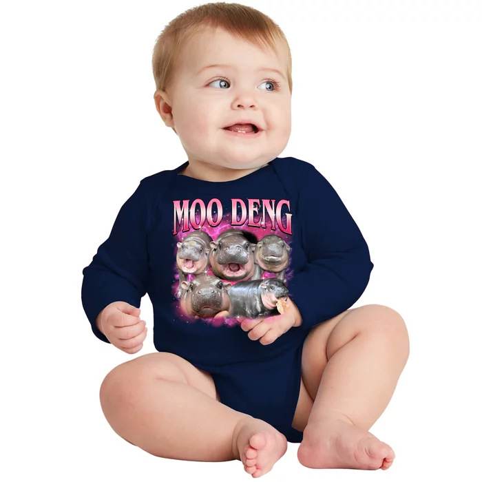 Pink Moo Deng Meme Hippo Funny Baby Long Sleeve Bodysuit