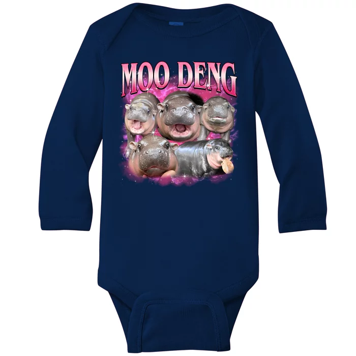 Pink Moo Deng Meme Hippo Funny Baby Long Sleeve Bodysuit