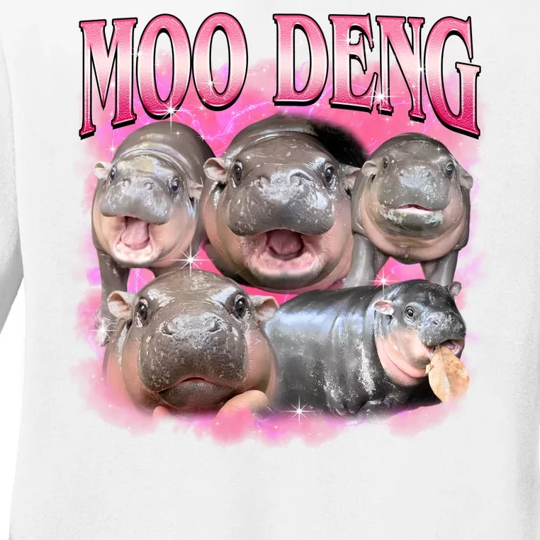 Pink Moo Deng Meme Hippo Funny Ladies Long Sleeve Shirt