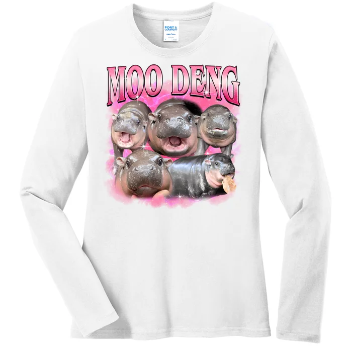 Pink Moo Deng Meme Hippo Funny Ladies Long Sleeve Shirt